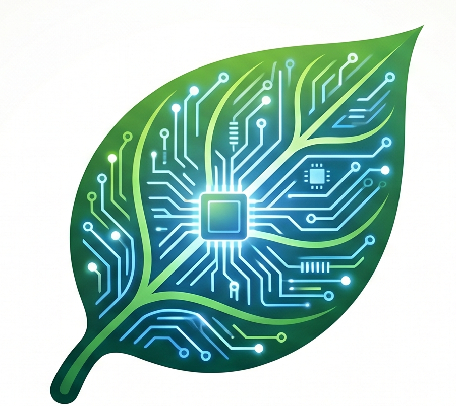 Folha verde com circuitos digitais representando inteligência artificial